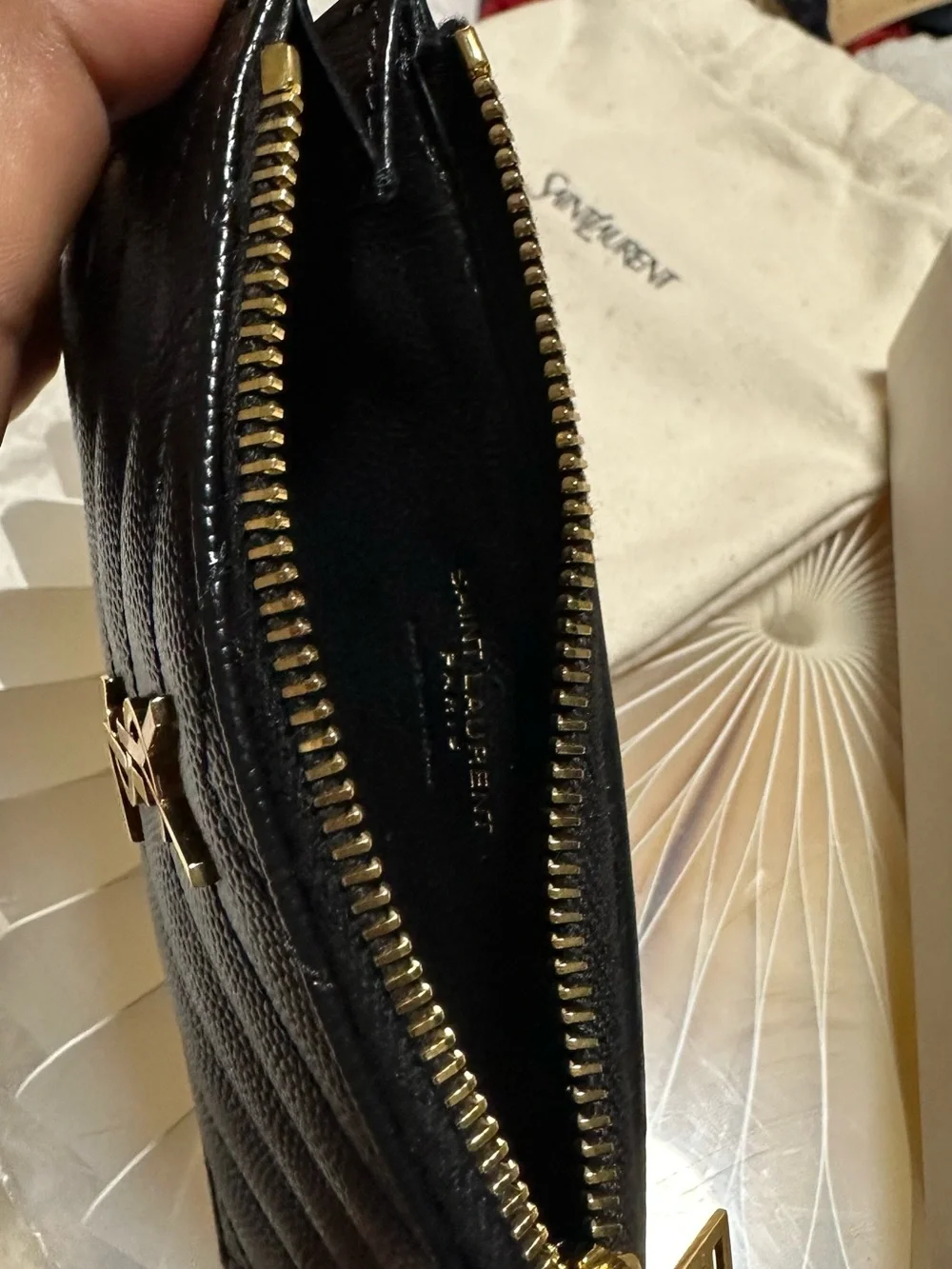 Saint Laurent Black Quilted Leather Wristlet with Gold YSL Emblem